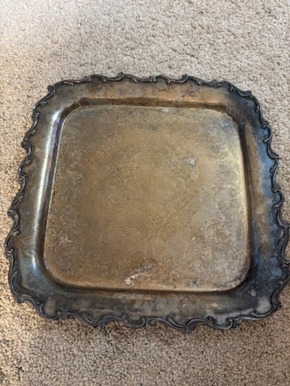Vintage Square Scalloped Floral Etched Silver Plate Footed Bar Tray